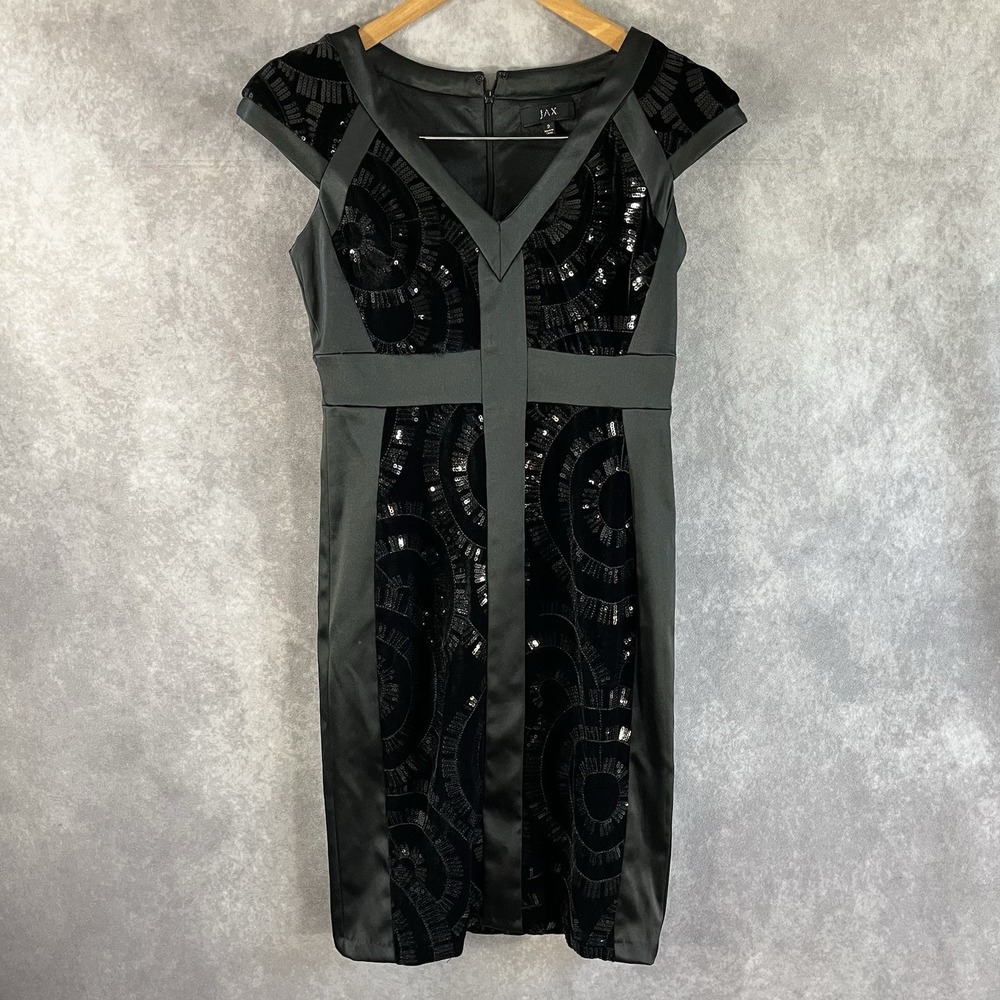 JAX Cocktail Dress Womens 2 Black Sequin Velvet Burnout Satin Cap Sleeve Sheath